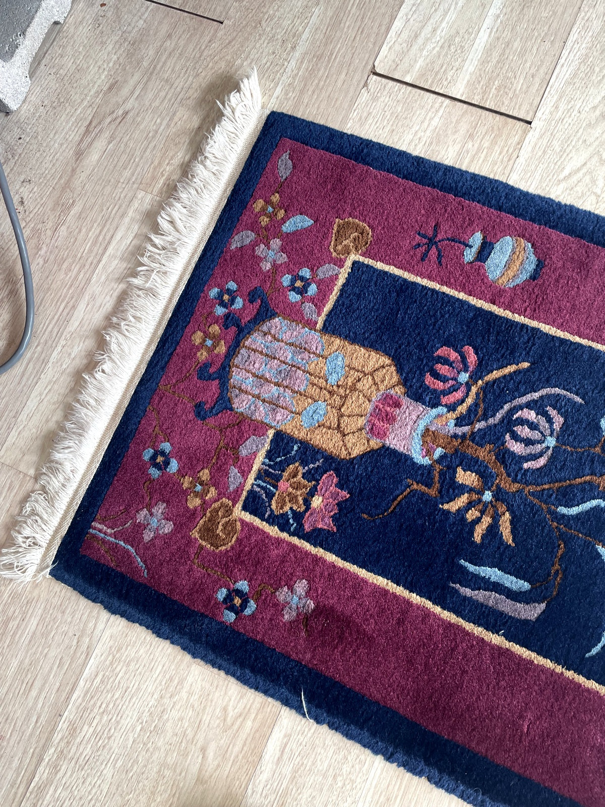 Handmade Chinese rug circa 1920-1929 with midnight navy eggplant canary yellow coral rose and jade green colors

