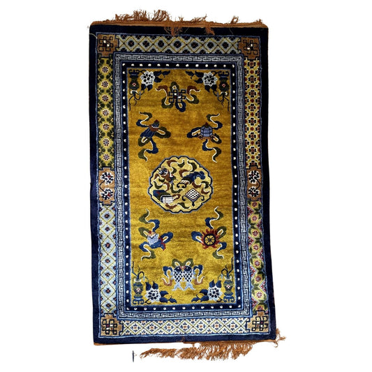 Vintage Chinese Art Deco rug 1950s silk-on-silk hand-knotted 4.1x7.3 ft full view with luminous champagne sage field and delicate floral sprays

