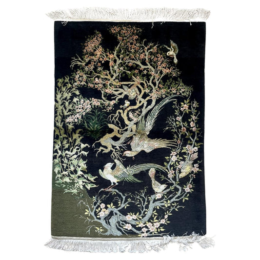 Vintage Persian Tabriz silk rug 1970s hand-knotted 100% pure silk 3.1x4.3 ft full view with central medallion and floral motifs

