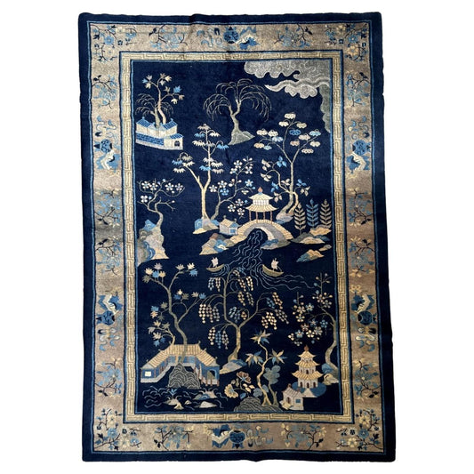 Antique Peking Chinese rug 1910s hand-knotted wool 5.1x7.10 ft full view with open field design and indigo blue palette

