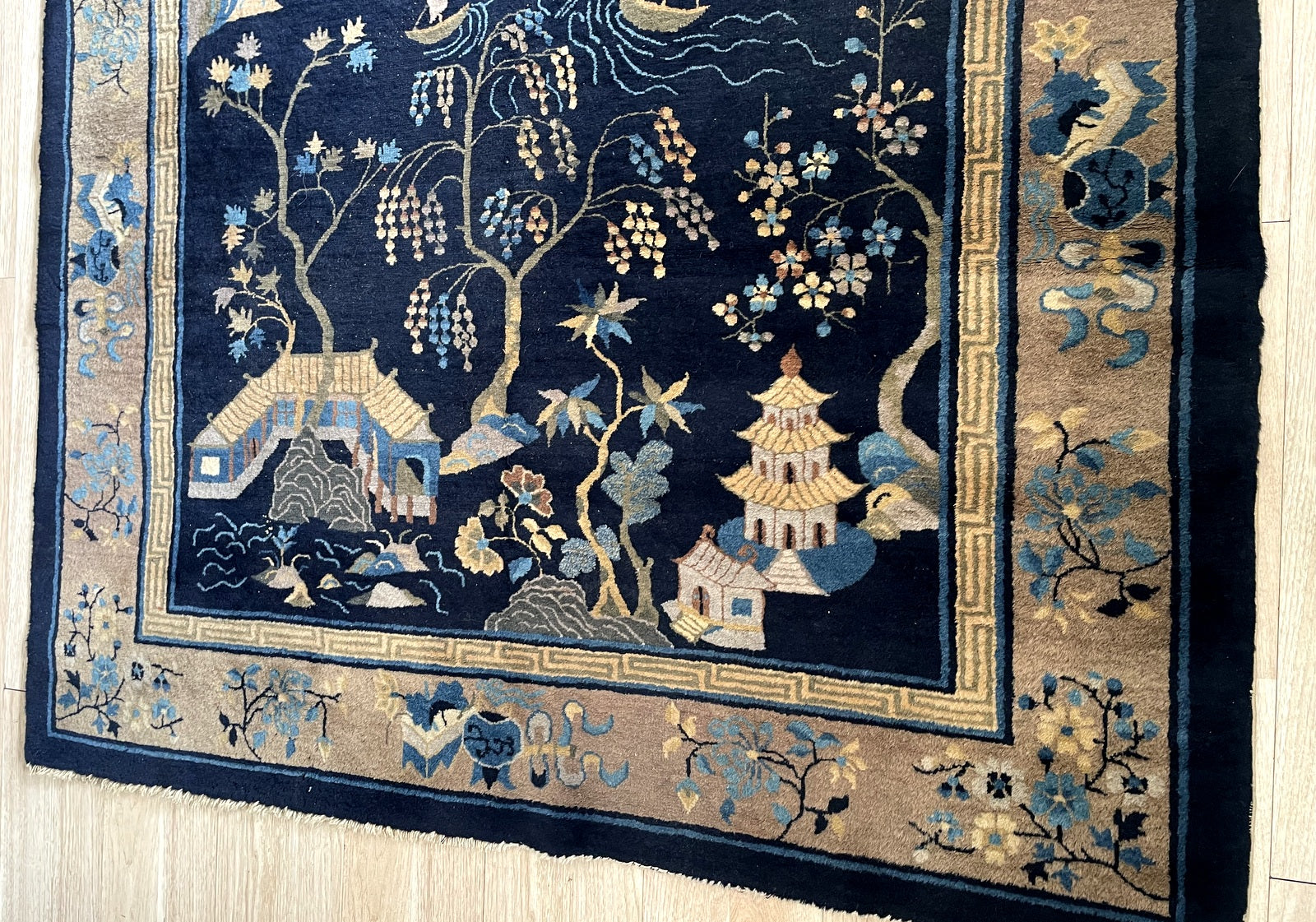 Antique Chinese rug texture and thick plush wool pile detail with lovely natural luster and age-appropriate character

