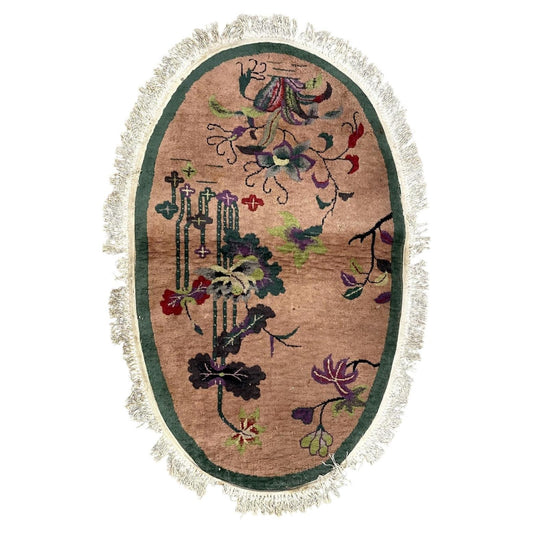 Antique 1920s Chinese Art Deco oval rug, handmade wool with floral design