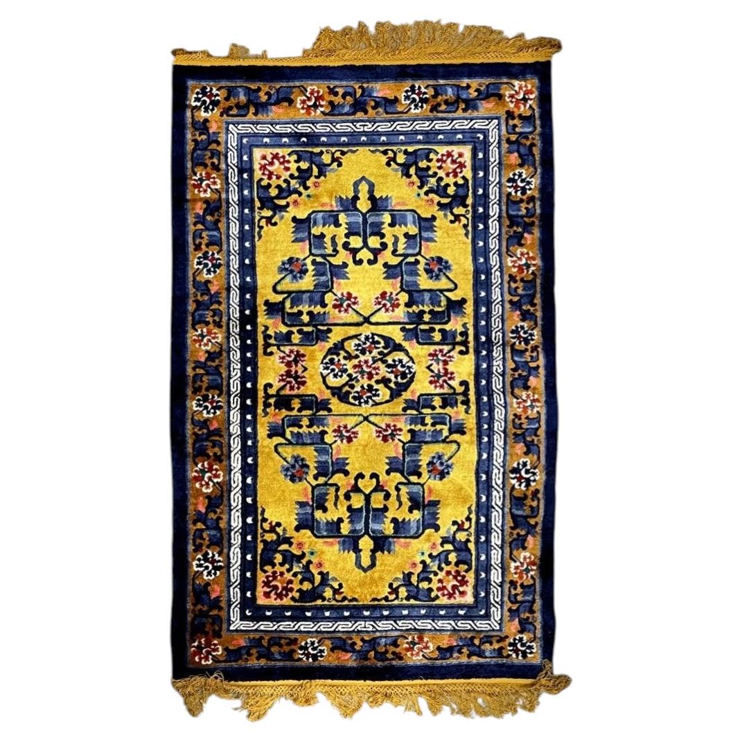 Vintage Chinese Art Deco silk rug, yellow field with floral motifs and soft sheen