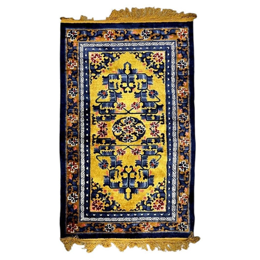 Vintage Chinese Art Deco silk rug, yellow field with floral motifs and soft sheen