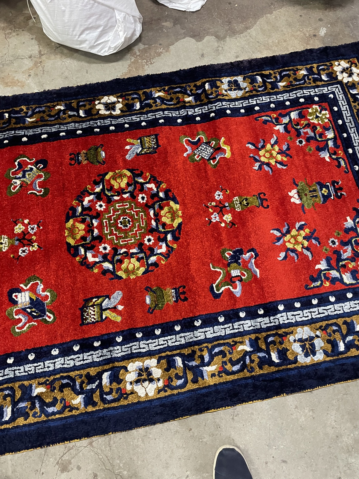 Vintage Chinese Art Deco rug close-up, silk texture with luminous sheen