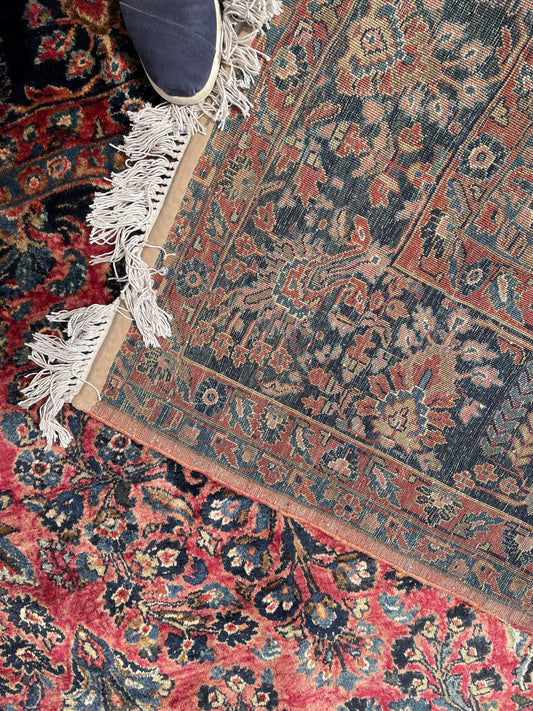 Vintage Persian Sarouk rug full view, floral wool carpet with rich red tones