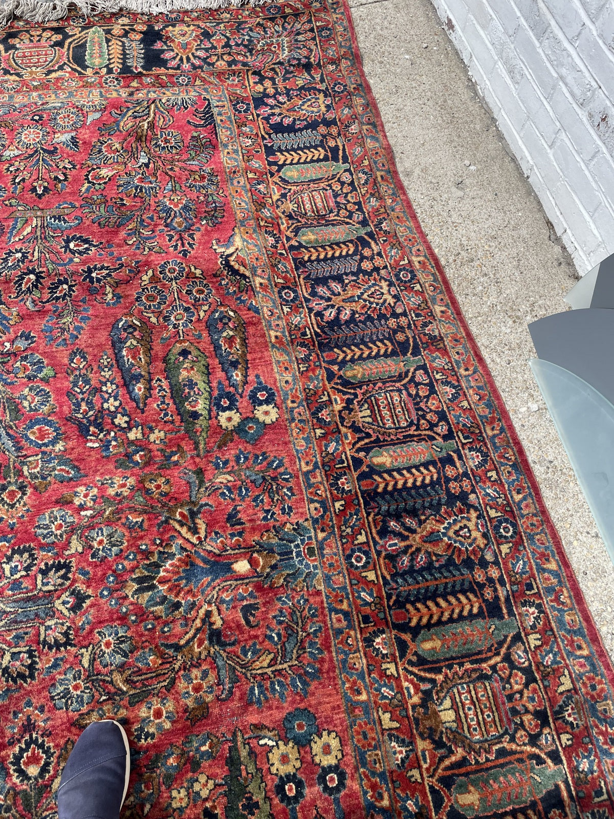 Hand-knotted Sarouk rug, floral design with deep red and navy color palette