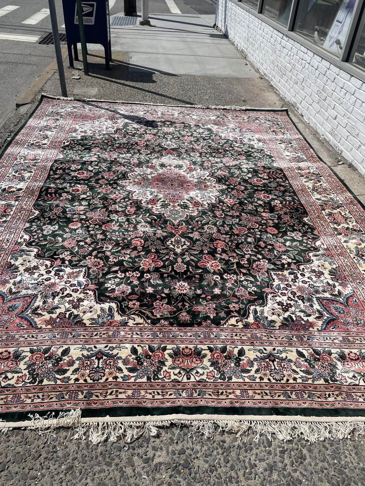 Vintage Chinese rug back view, showing fine hand-knotted silk construction
