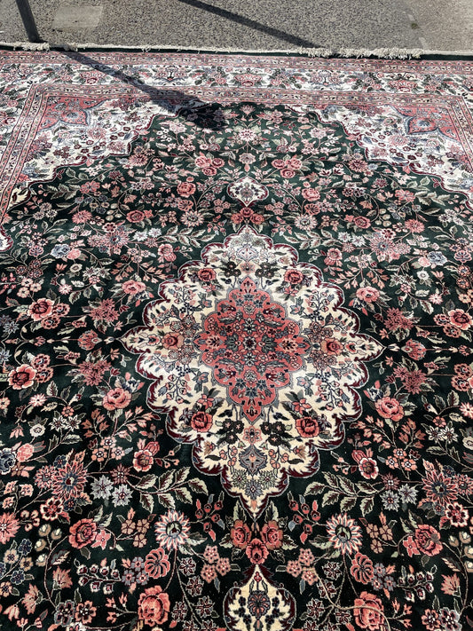 Chinese silk rug full view, vintage carpet with central medallion and floral design