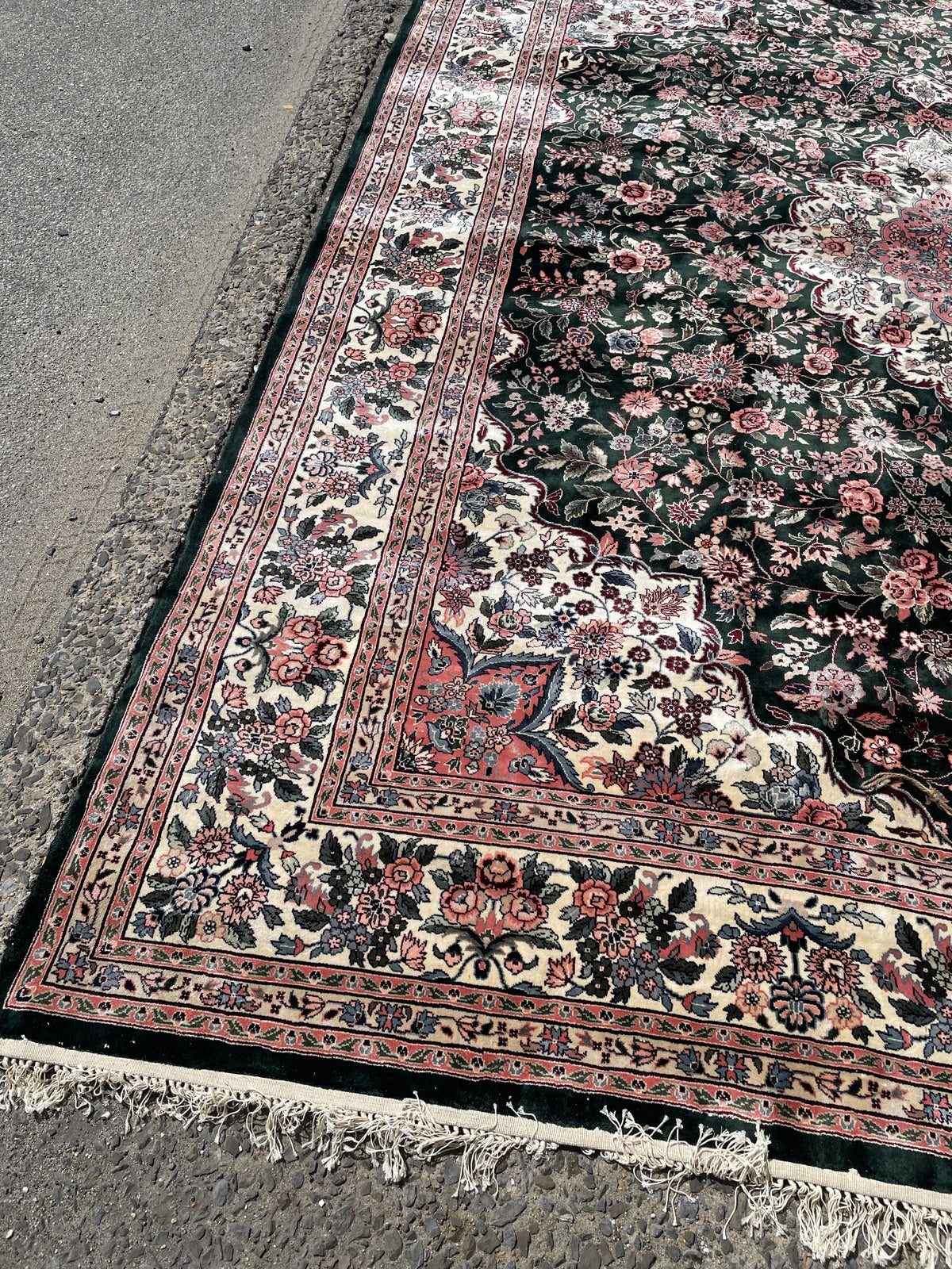 Chinese silk rug texture detail, smooth pile with reflective surface and depth