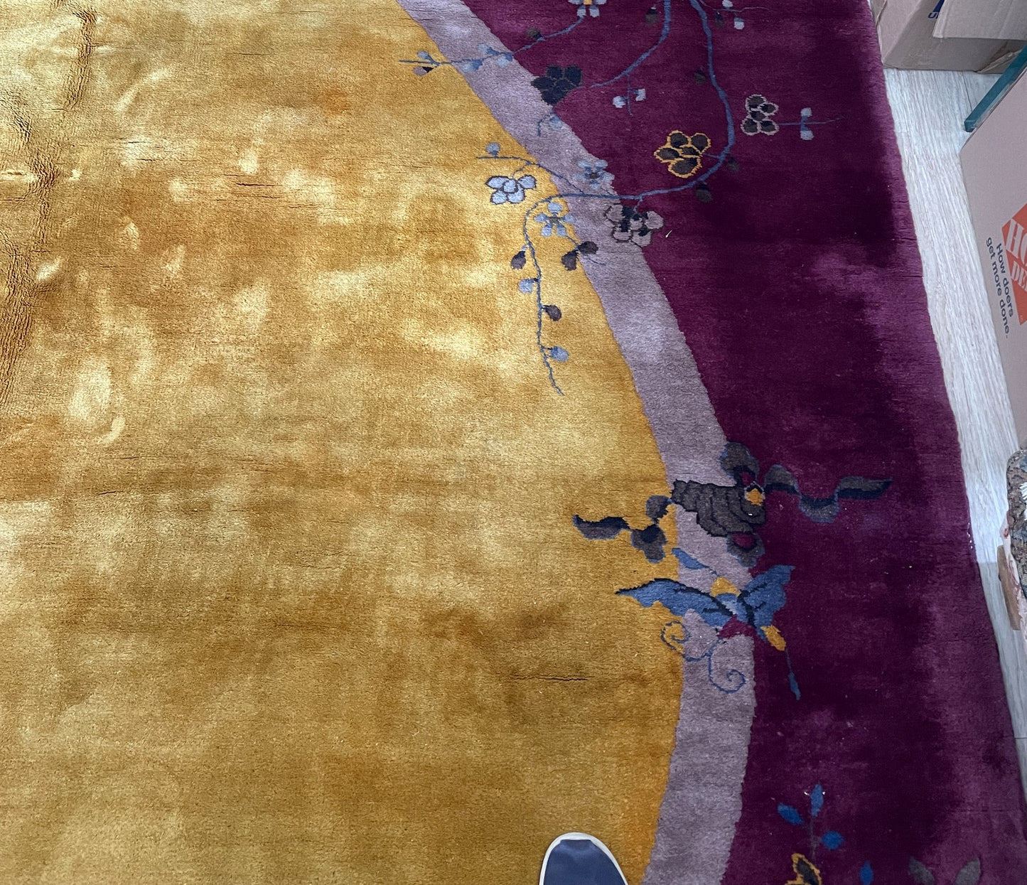 Large antique Chinese Art Deco rug measuring 8'1" x 10'2" with an exceptional full, lustrous wool pile and a dramatic oval medallion composition.

