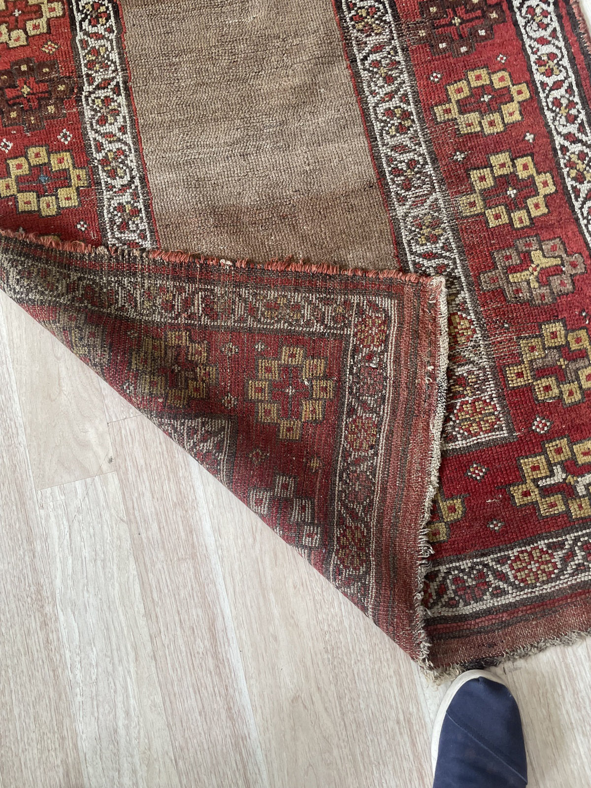 Long antique Kurdish accent rug or gallery runner with a completely bare natural camel field, allowing the warm undyed wool to carry the composition, framed by richly ornamented borders.

