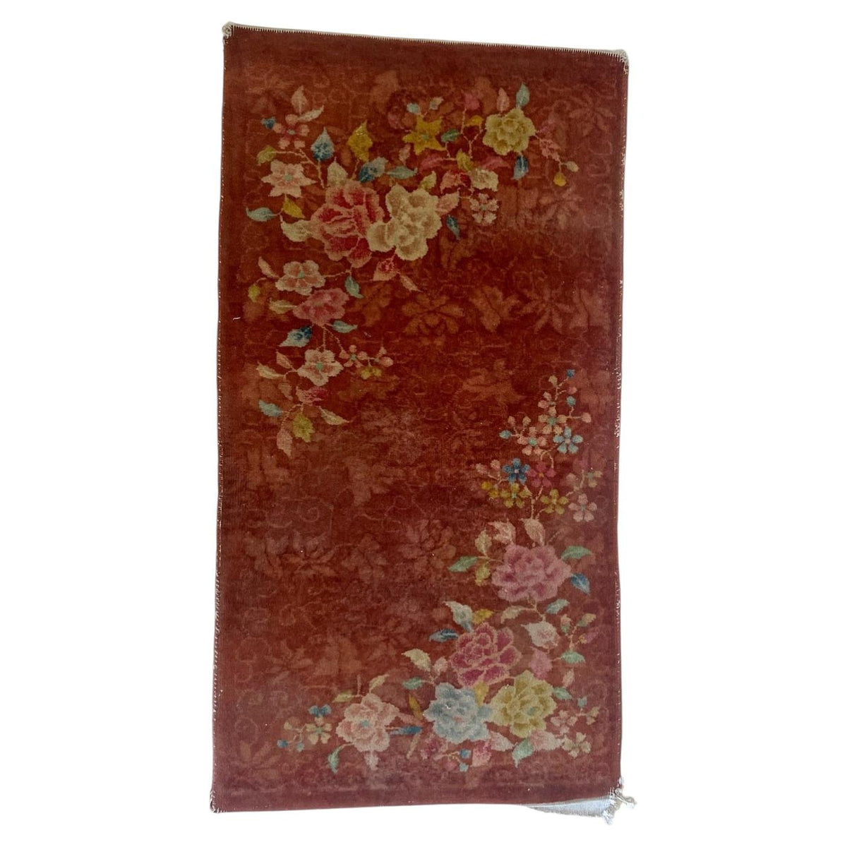 Chinese Art Deco wool rug 1B1013 with rust-red field and asymmetric floral sprays