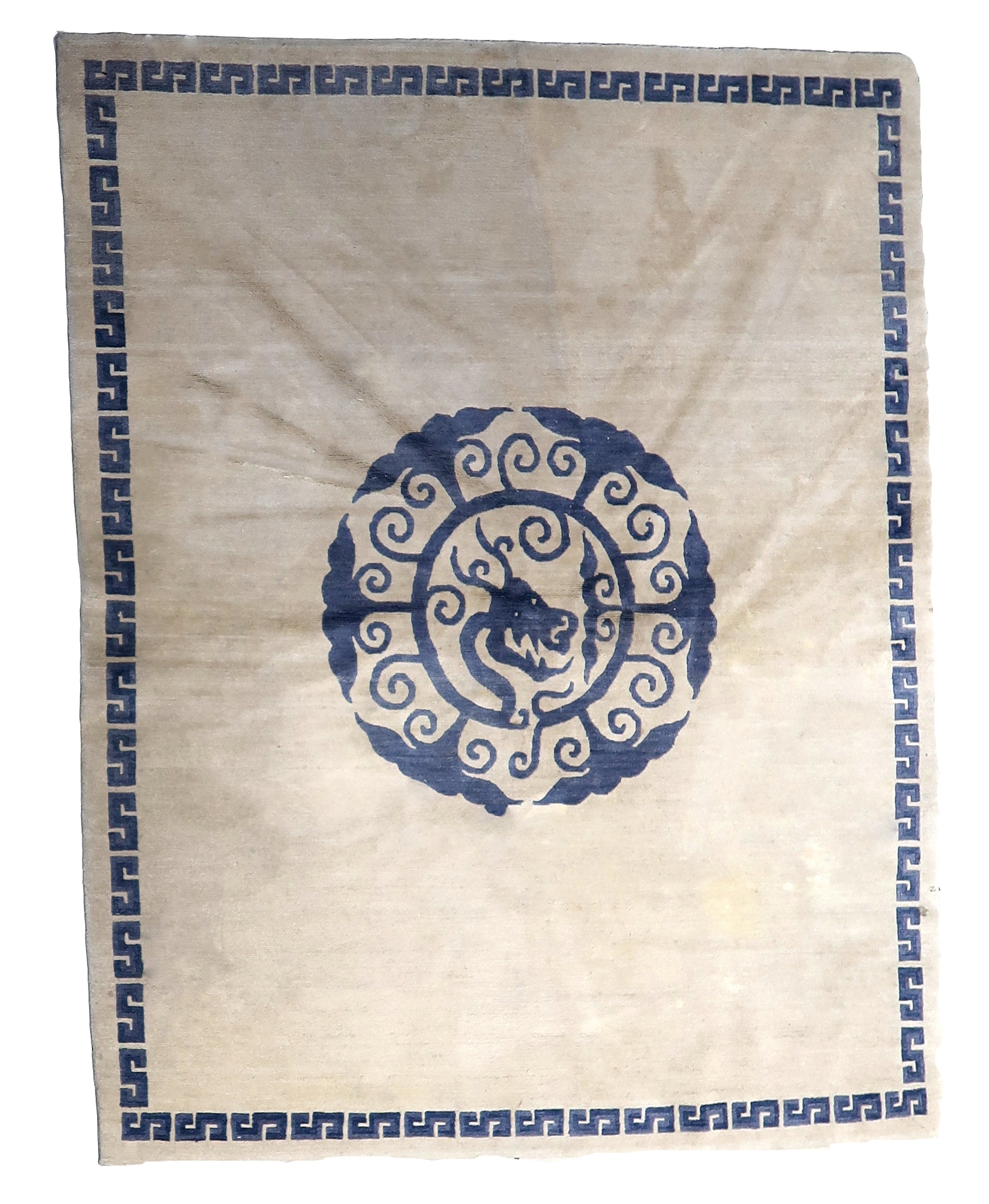 Handmade vintage Tibetan Khaden rug with dragon design in beige color