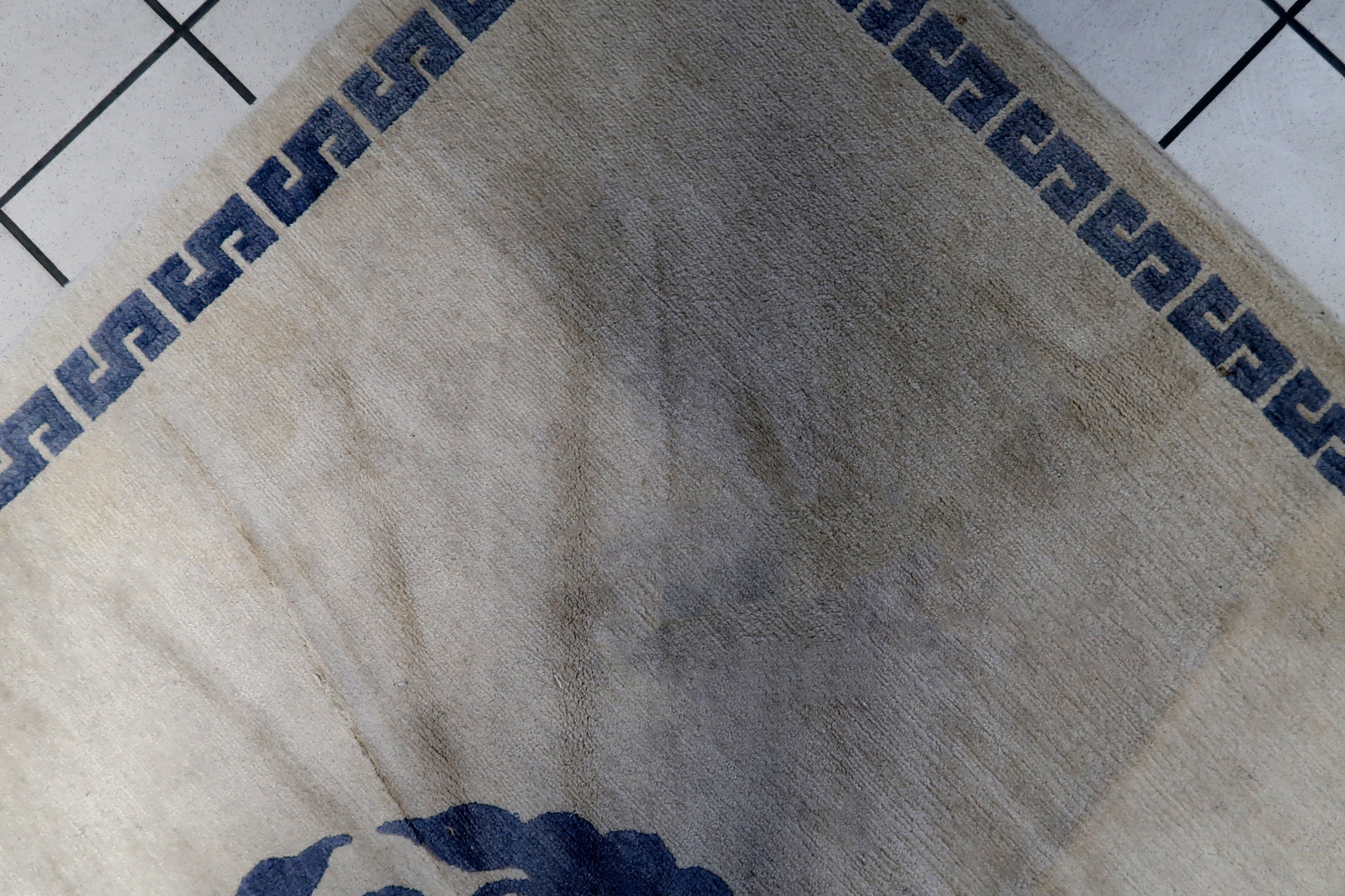 Fine craftsmanship displayed in the detailed picture of the handmade vintage Tibetan Khaden rug