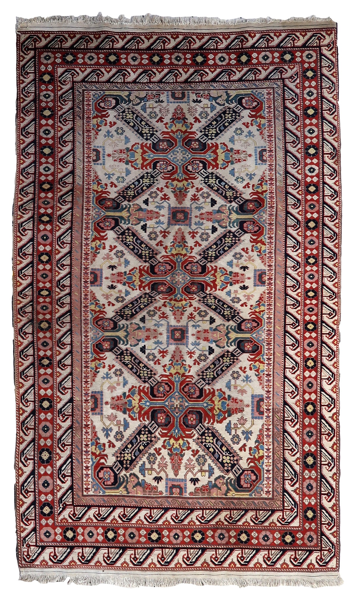 Handmade vintage Caucasian Zeyhur rug with vibrant design on white background