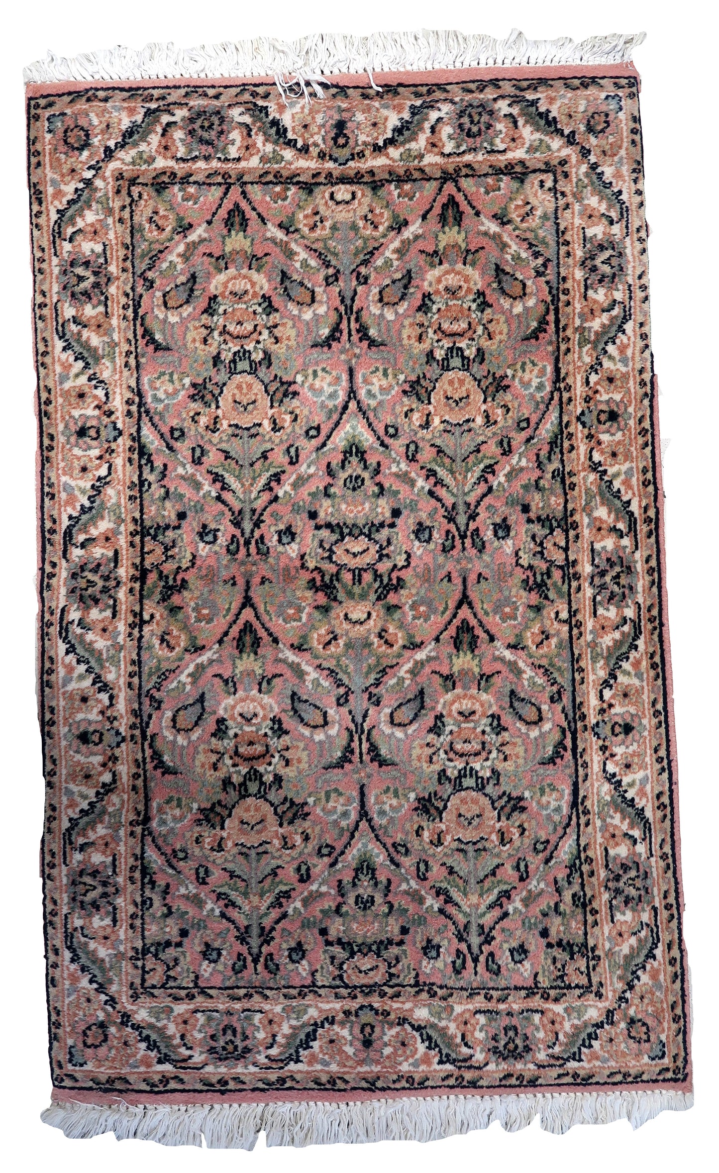 Handmade vintage Persian Kerman rug with intricate patterns and pastel color palette.
