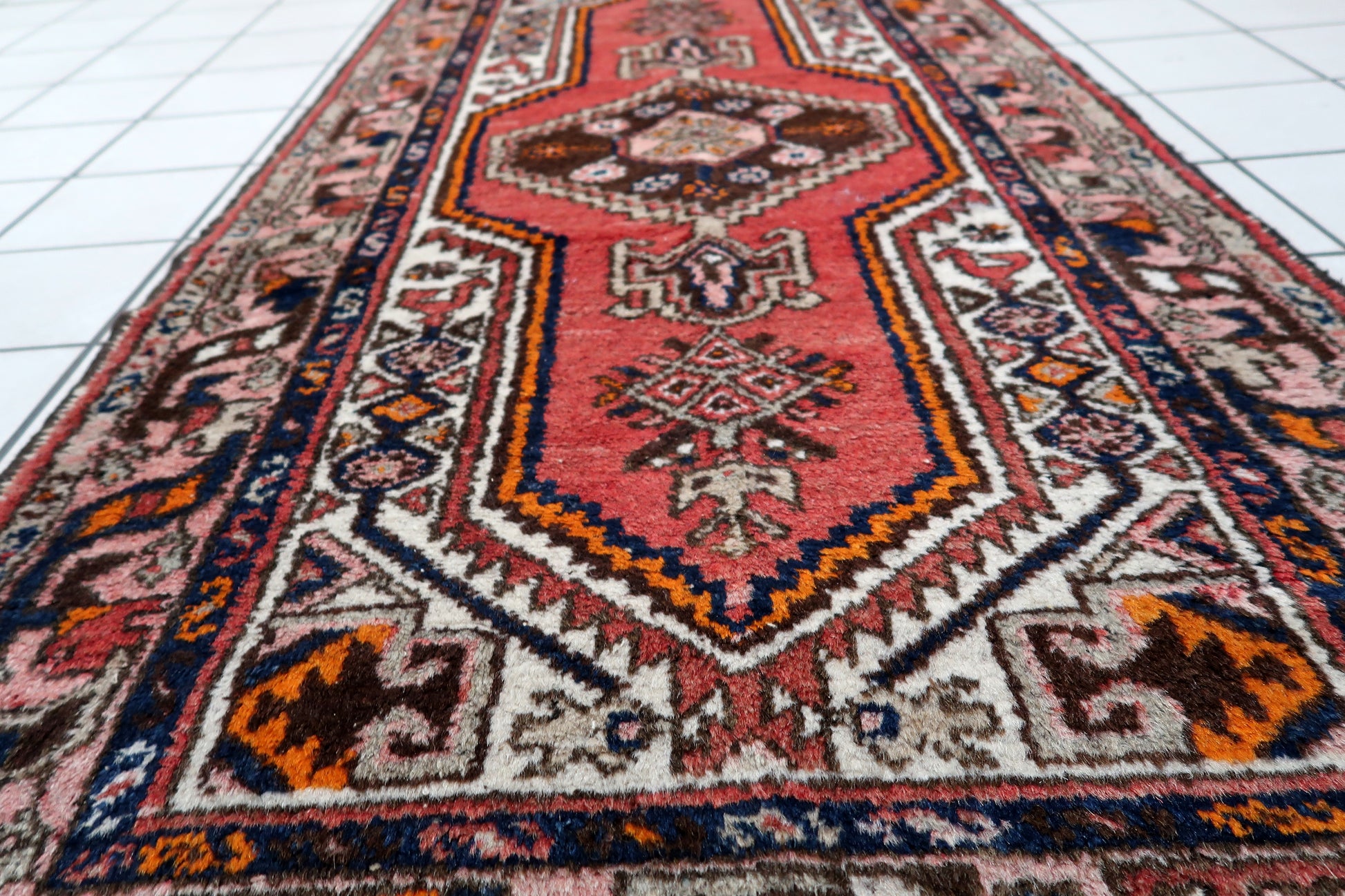 Detailed picture capturing the overall design and beauty of the handmade vintage Persian Hamadan rug