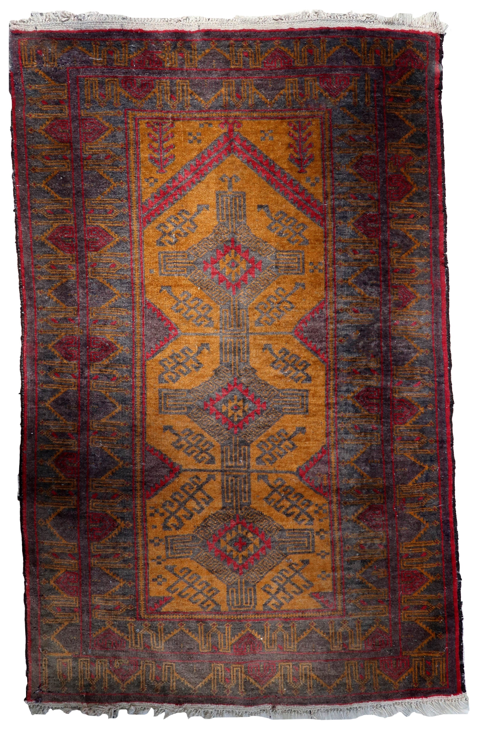 Handmade vintage Afghan Baluch rug showcasing vibrant fuchsia, orange, and greyish purple colors in a traditional Baluch style design
