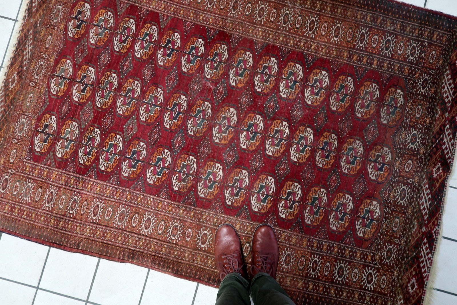 Detailed view of the wool material and texture on the Handmade Vintage Uzbek Bukhara Rug