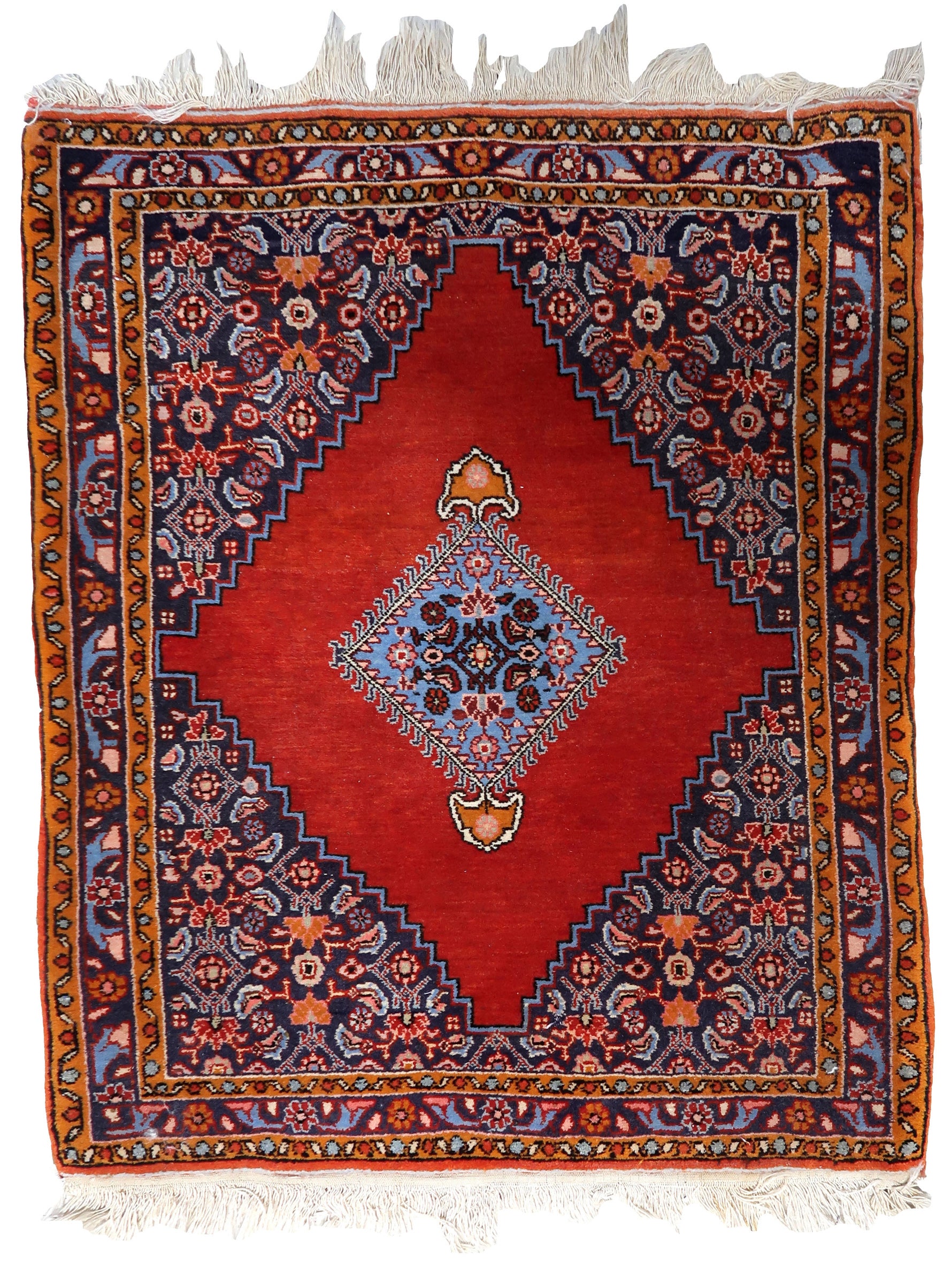 Vintage Bidjar rug with geometric lozenge medallion on red field

