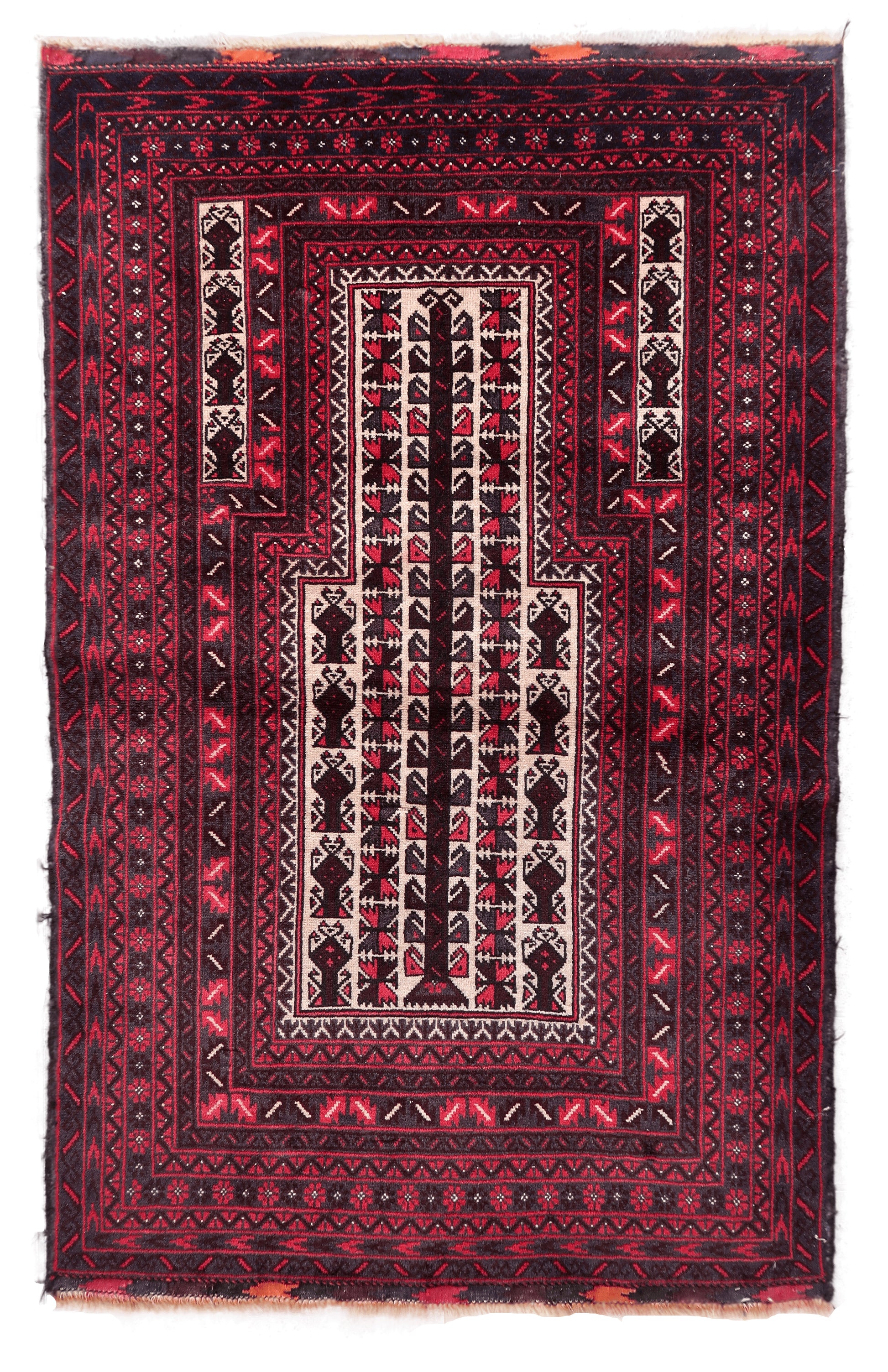 Handmade Vintage Afghan Baluch Prayer Rug with Cream, Red, Purple, and Burgundy Colors, 2.6' x 4.5'