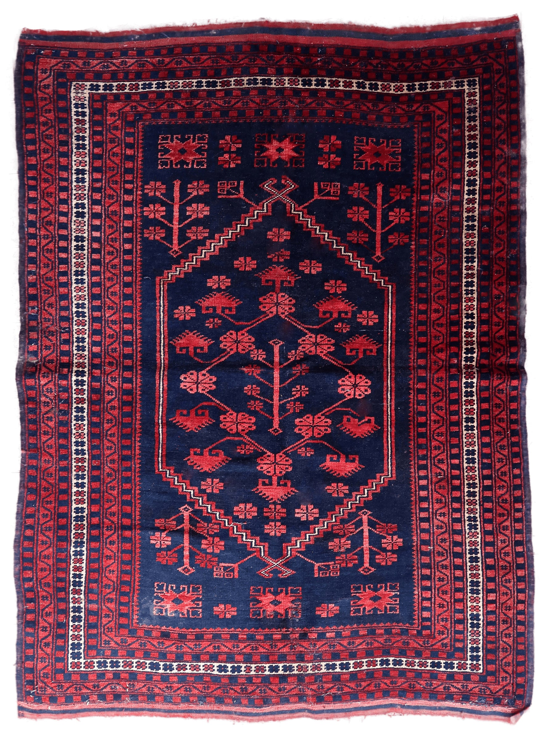 Vintage Caucasian Karabagh Rug, 1940s - Front View - Navy Blue, Red, and Beige Colors