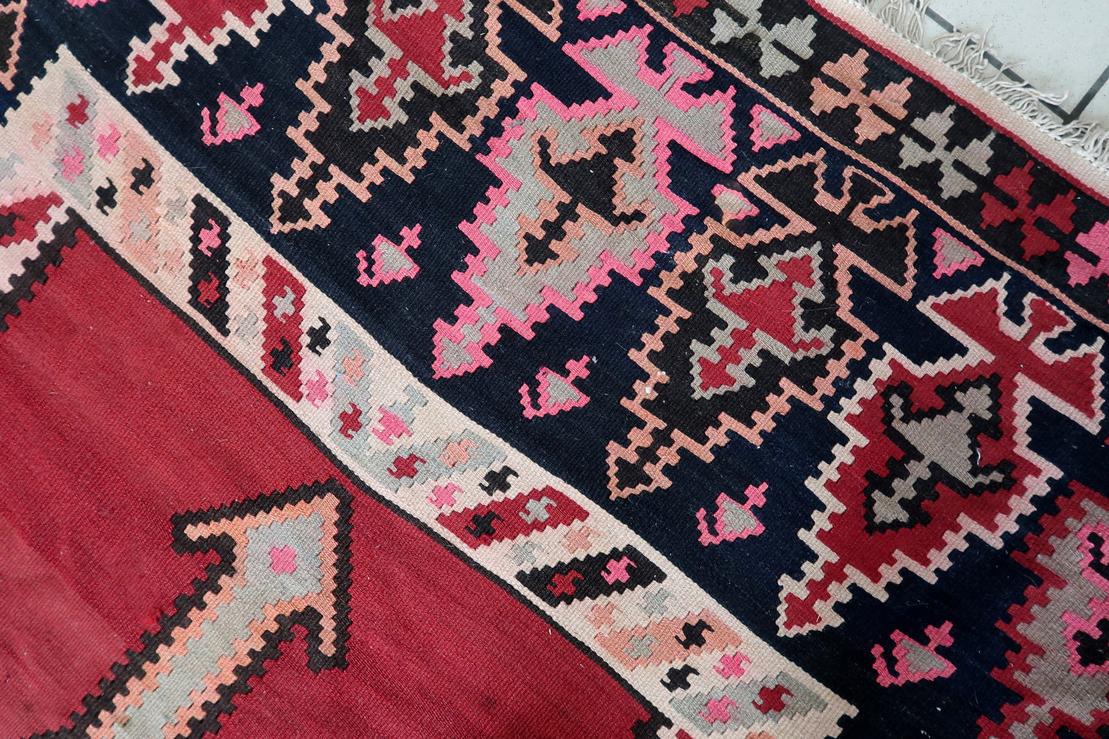 Intricate Brown and Turquoise Design in Afghan Kilim