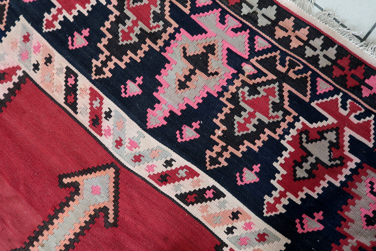 Intricate Brown and Turquoise Design in Afghan Kilim