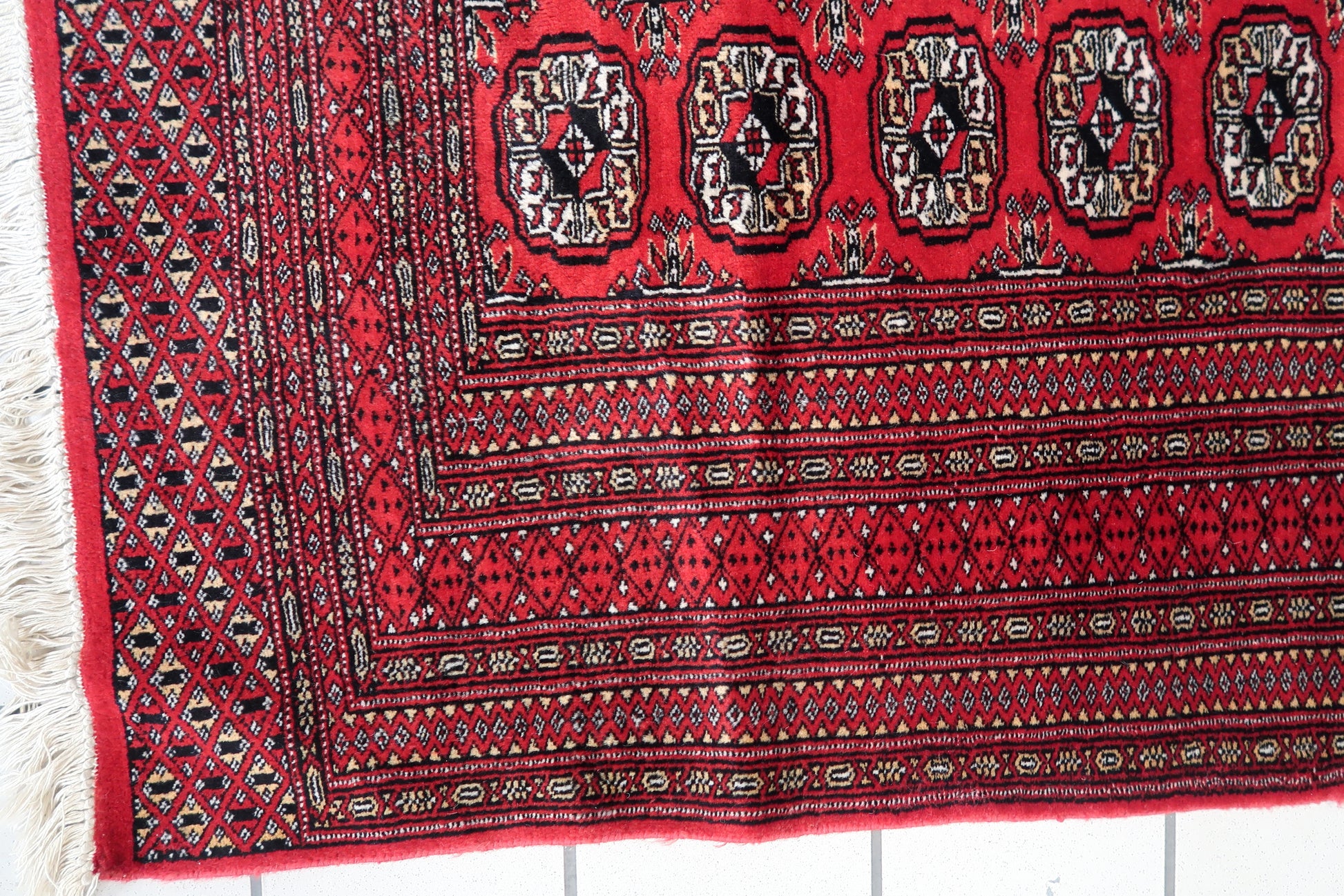 Close-up of Intricate Elephant Foot Design on Bukhara Rug