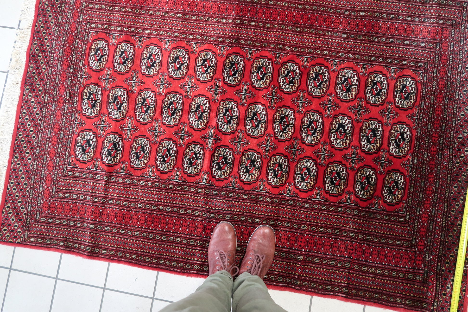 Red, Black, and Yellow Accents on Vintage Bukhara Rug
