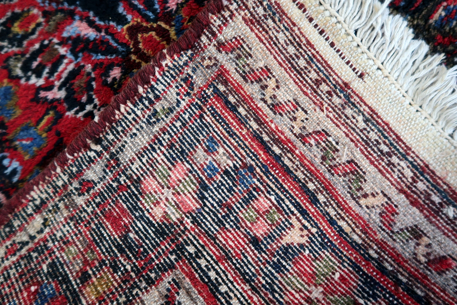 Reverse side of the Handmade Vintage Persian Style Sarouk Runner Rug.