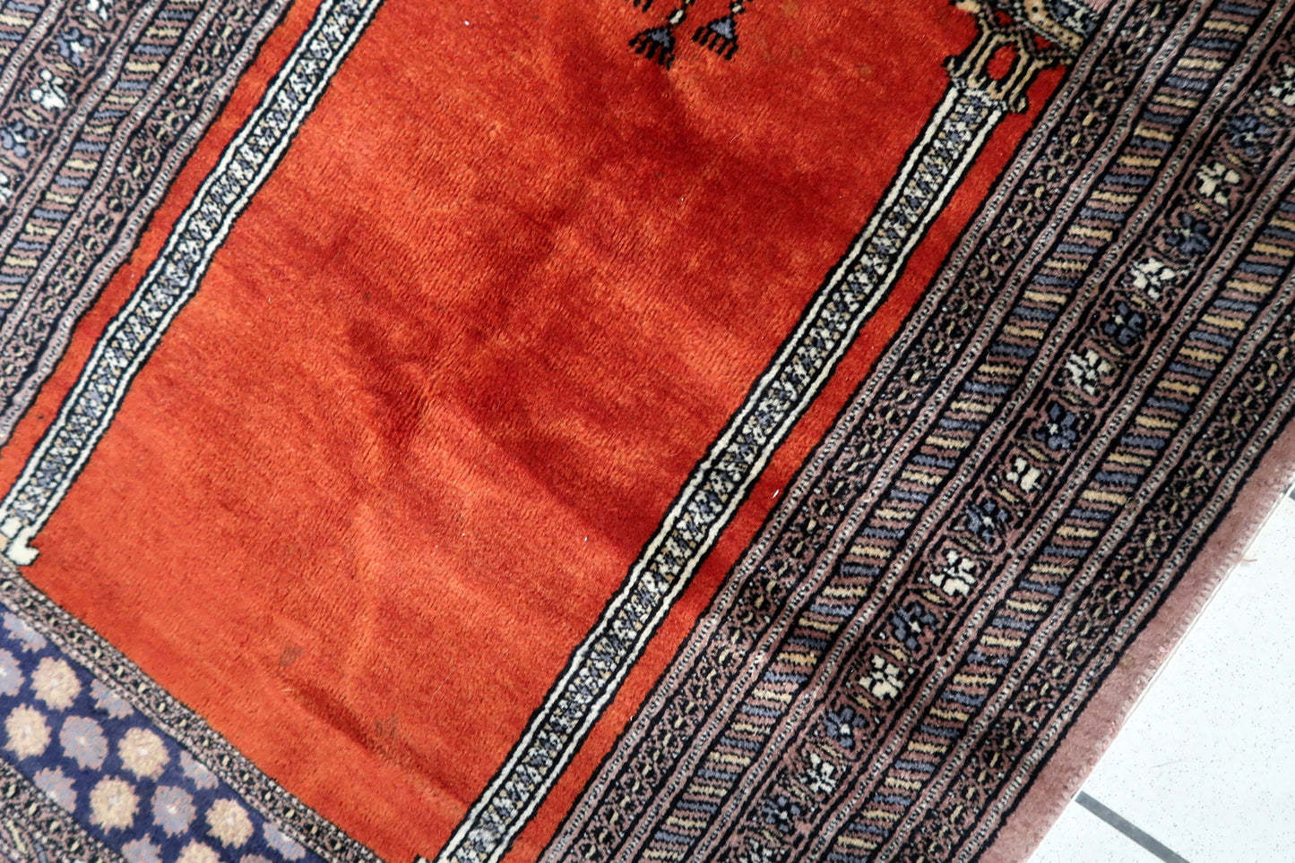 Detailed view of the multiple layers of borders surrounding the central area of the rug