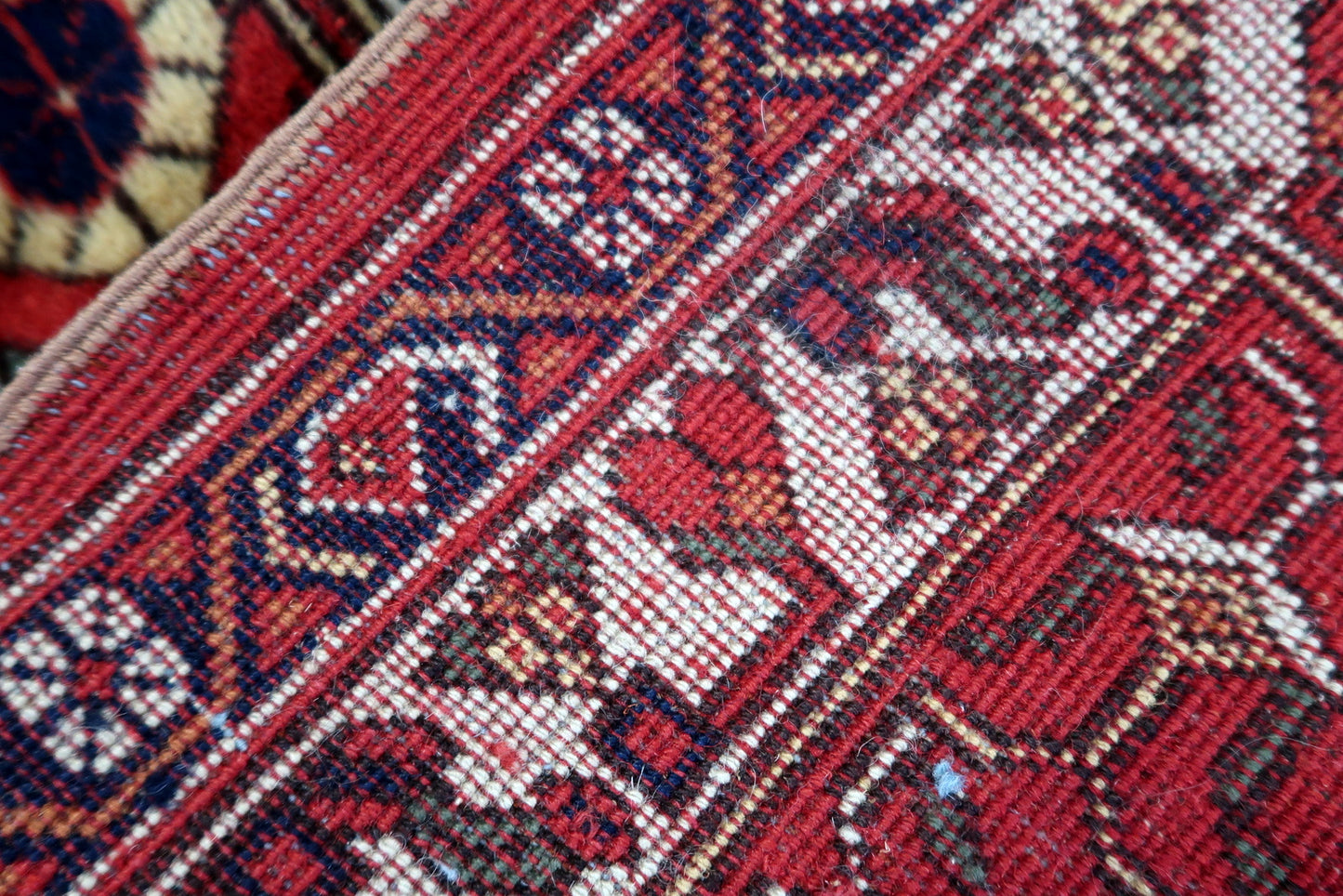 Back view of the vintage Persian style Afshar rug highlighting its craftsmanship and size