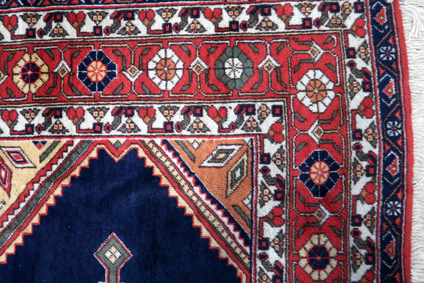 Overhead shot of the Persian style Afshar rug displaying its intricate border details