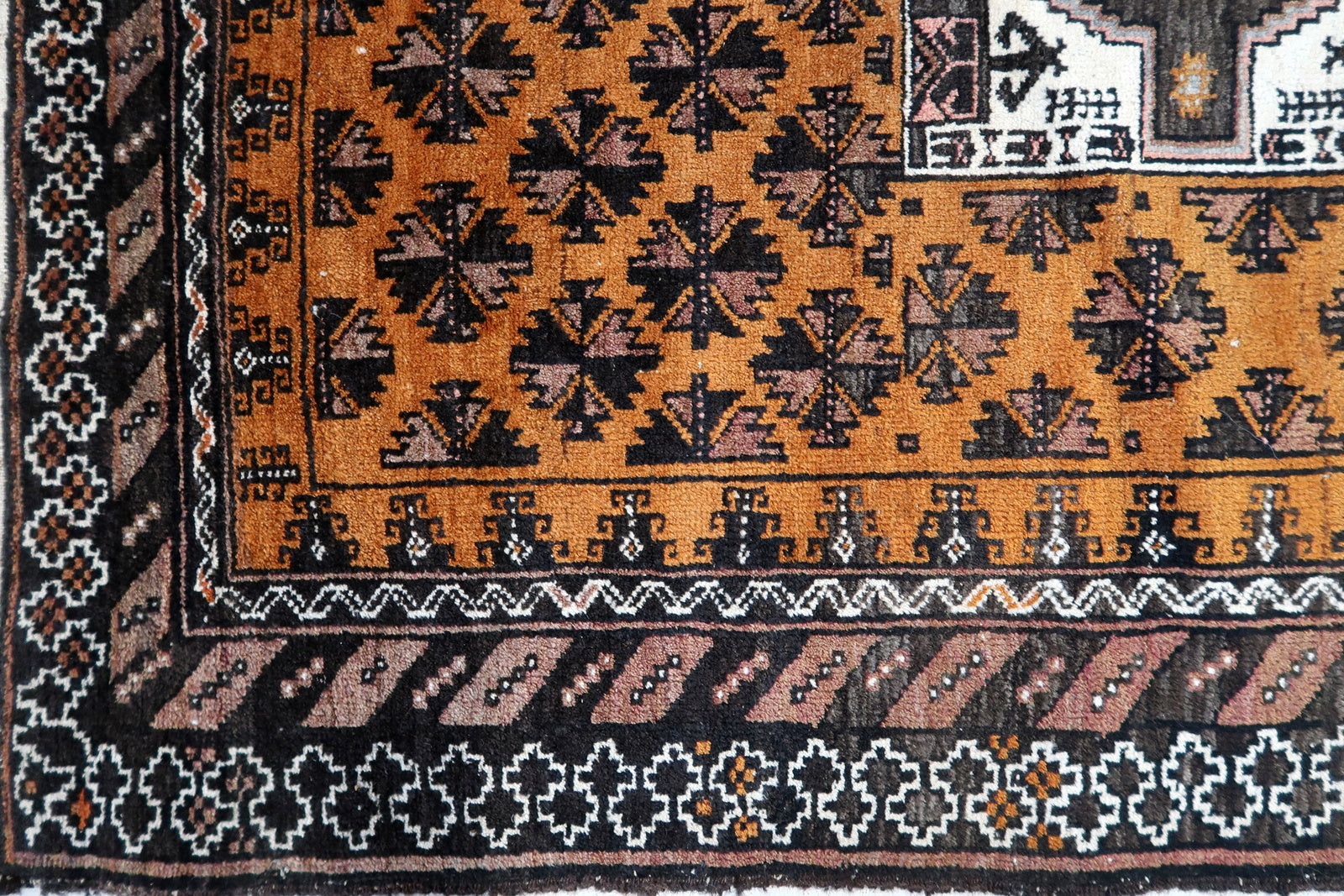  Front view of the handmade Afghan Baluch rug adding elegance to a living room