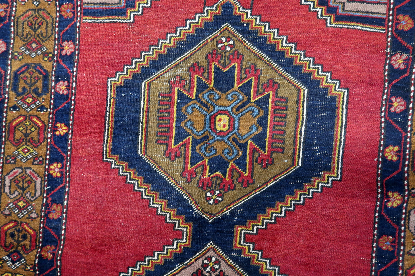 Detailed view of the complex patterns in the border, showcasing the harmonious blend of colors