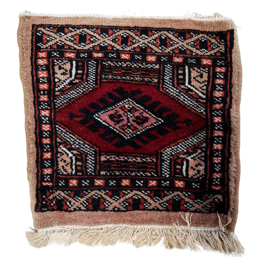 Handmade Vintage Uzbek Bukhara Mat Rug showcasing intricate geometric patterns in deep reds, blacks, and beige
