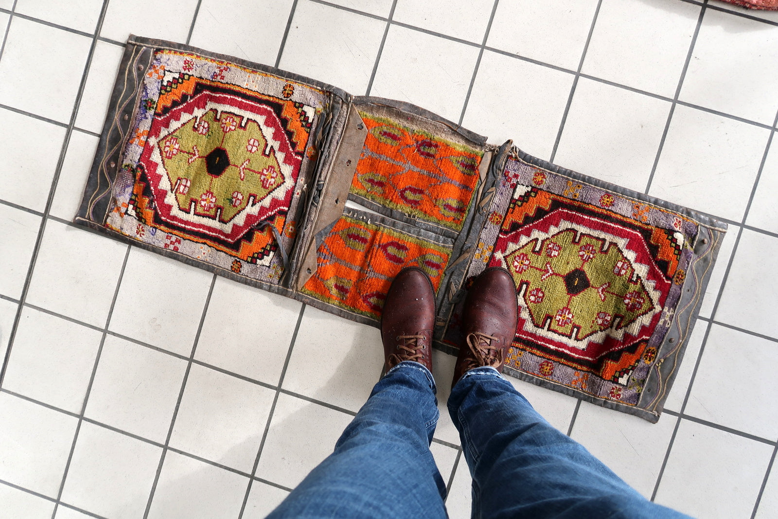 Pair of Shoes Providing Scale for Size of Handmade Vintage Persian Afshar Saddle Bag - 1940s