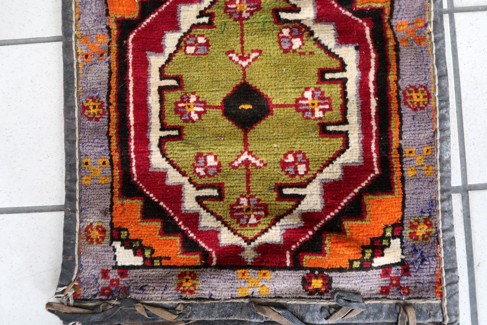 Central Geometric Design Surrounded by Intricate Patterns and Borders on Handmade Vintage Persian Afshar Saddle Bag - 1940s