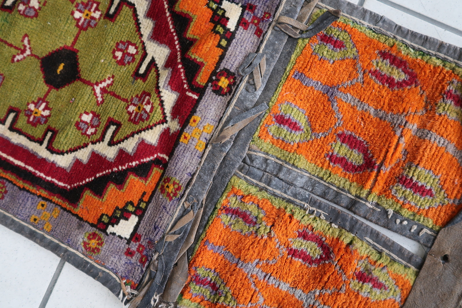 Signs of Age Adding to Vintage Charm on Fabric of Vintage Persian Afshar Saddle Bag - 1940s