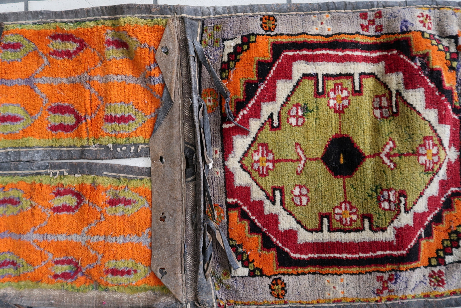 Visible Stitches and Seams Connecting Different Parts of Handmade Vintage Persian Afshar Saddle Bag - 1940s