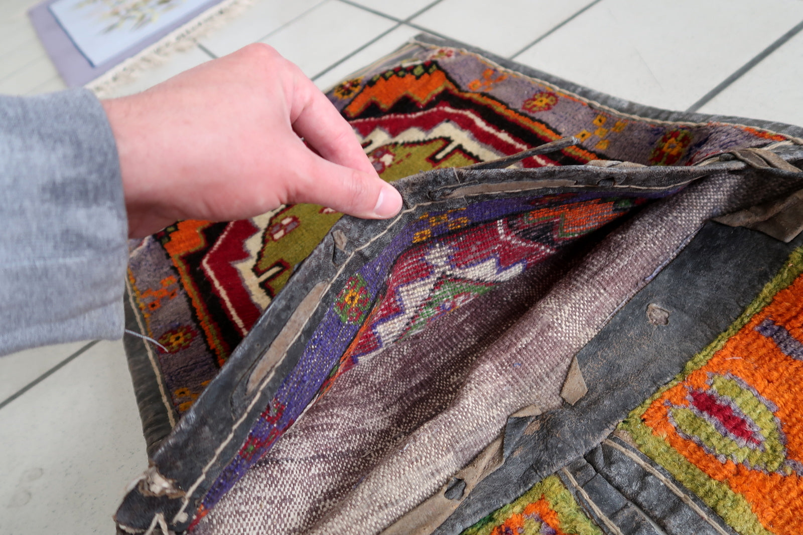 Intricate Geometric Patterns and Borders on Vintage Persian Afshar Saddle Bag - 1940s