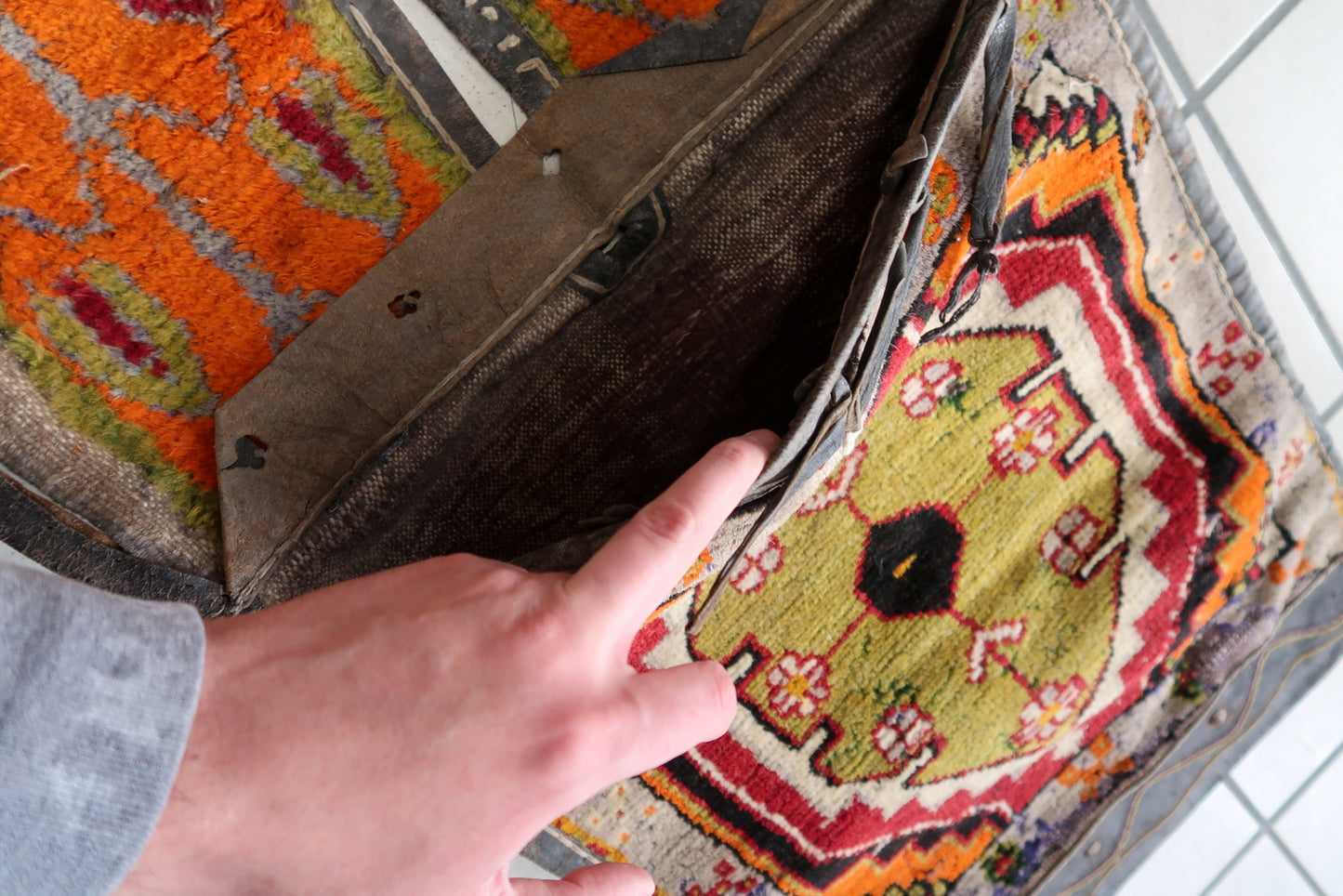 Close-up of Central Geometric Design on Handmade Vintage Persian Afshar Saddle Bag - 1940s