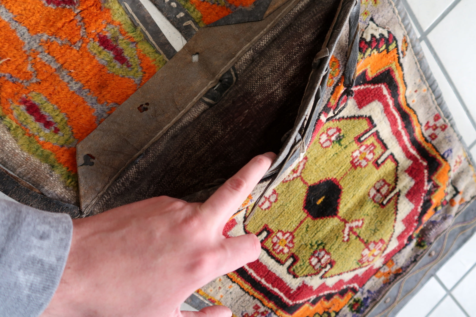 Close-up of Central Geometric Design on Handmade Vintage Persian Afshar Saddle Bag - 1940s
