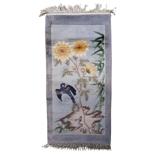 Handmade Vintage Chinese Art Deco Silk Rug - Front View - 1.4' x 3' - 1970s