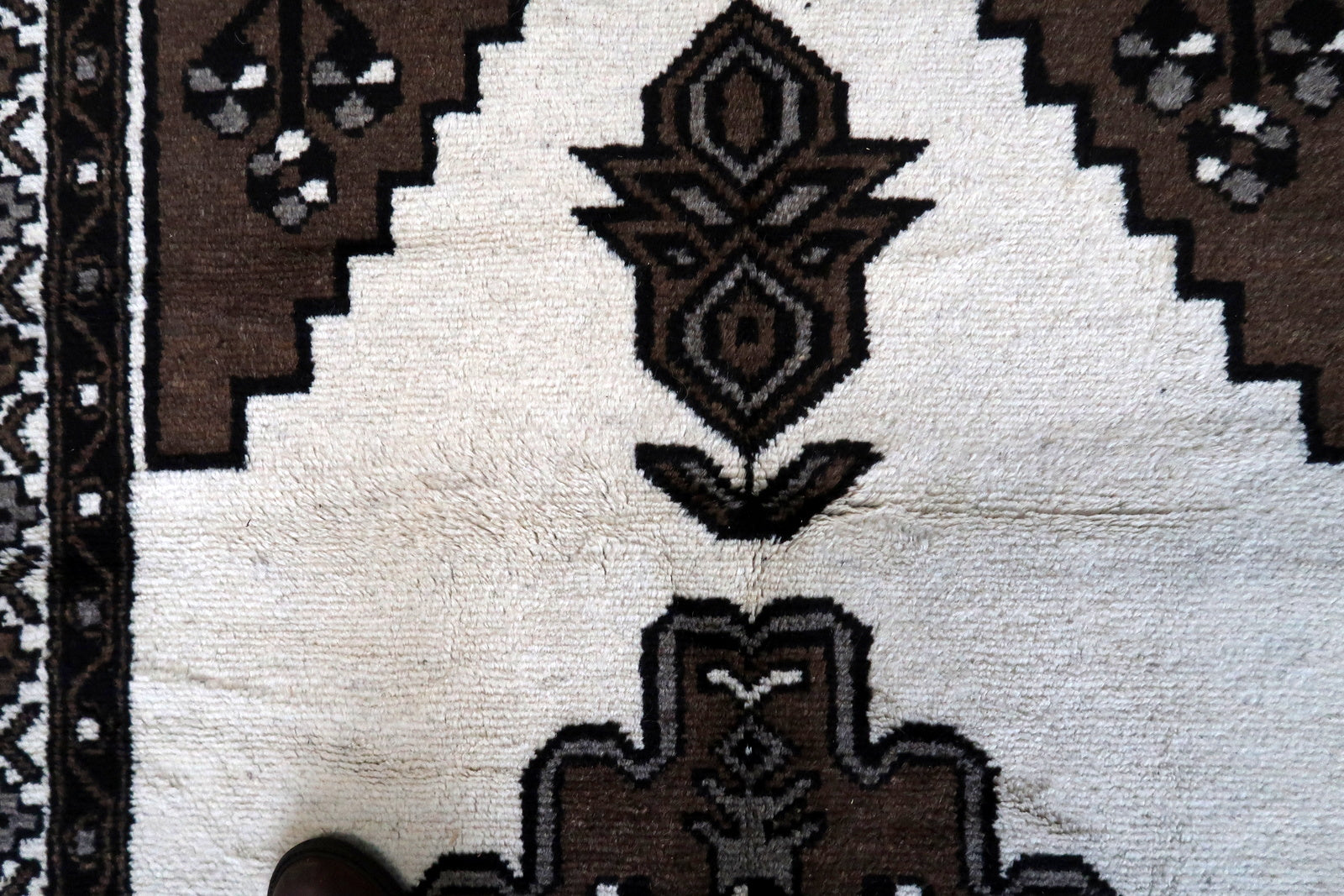 Symmetrical Shapes and Intricate Designs Surrounding Central Motif on Vintage Persian Gabbeh Rug - 1970s