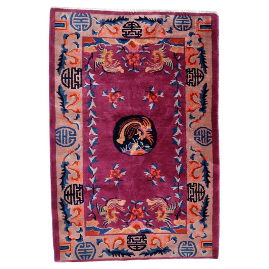 Handmade Antique Art Deco Chinese Rug - Front View - 3.1' x 4.5' - 1920s