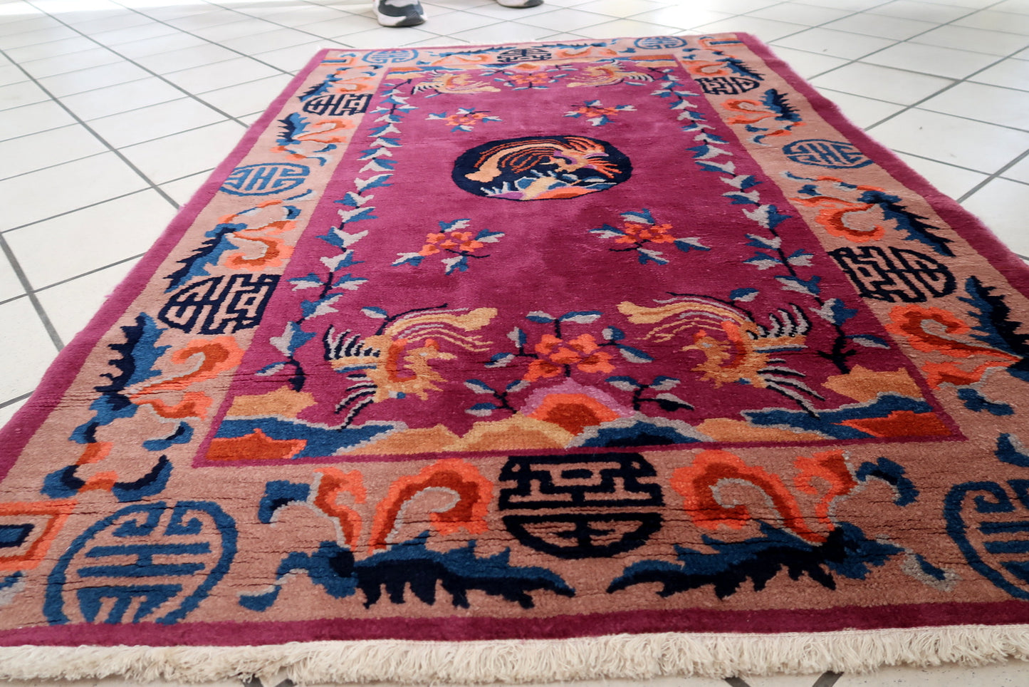 Fringe Detailing Adding Finishing Touch to Both Ends of Antique Art Deco Chinese Rug - 1920s