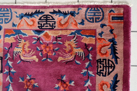 Rectangular Shape and Deep Burgundy Base Color of Antique Art Deco Chinese Rug - 1920s